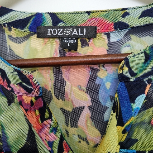 Roz & Ali Floral Multicolored Green Pink Yellow Blue Blouse with Buttons Large - Picture 4 of 8